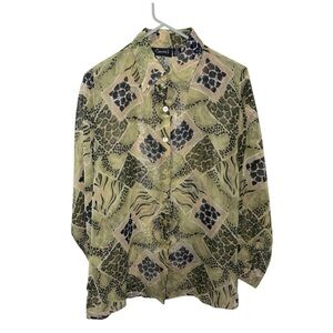 Vintage Cassee's Green And Black Animal Print Button-Down Collared Blouse Size L